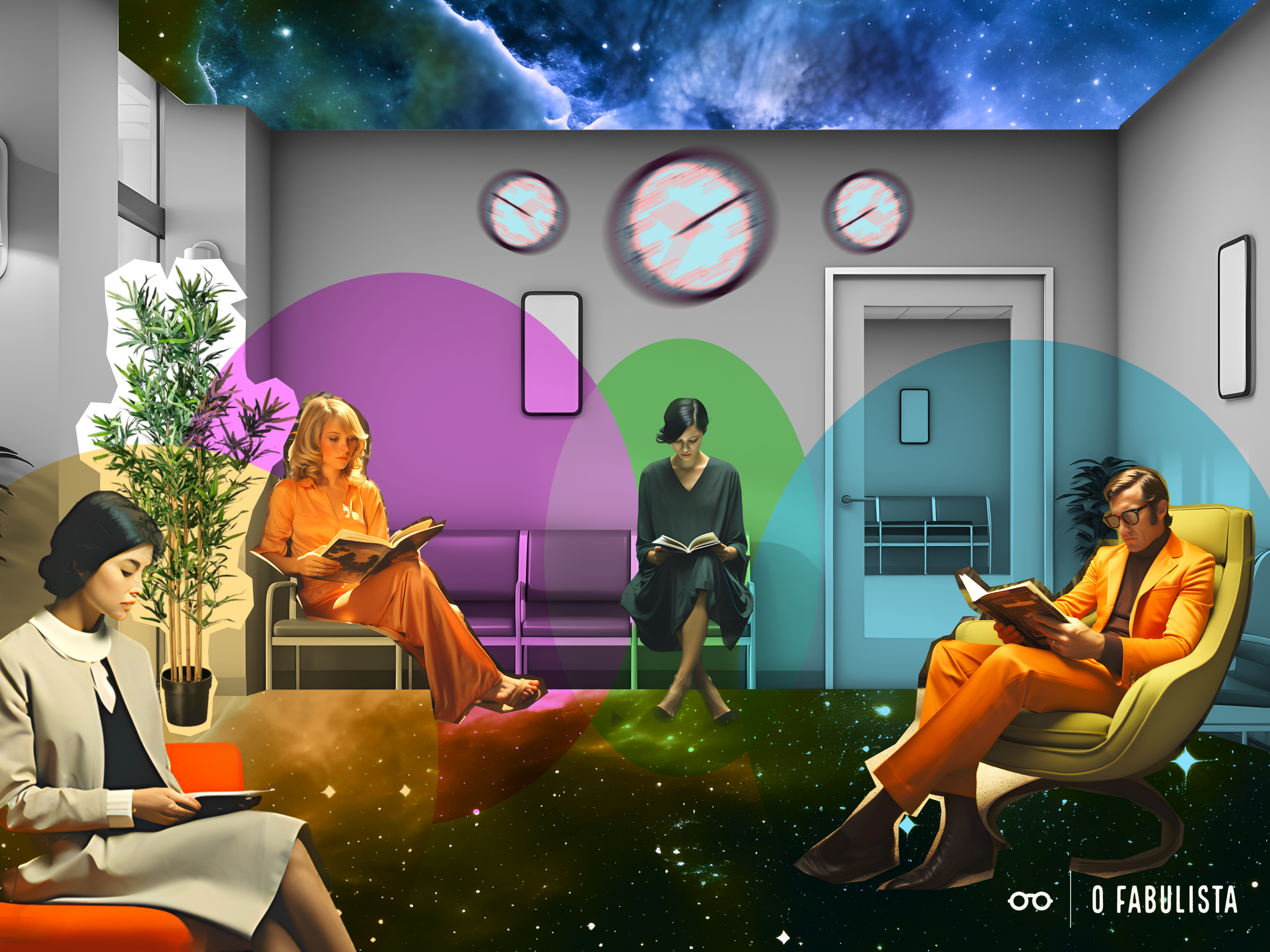 Colagem colorida com pessoas sentadas em uma sala de espera, cada uma com um livro em mãos.